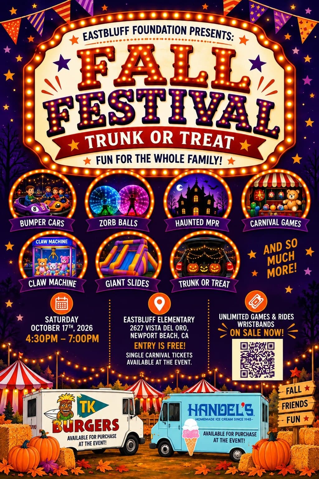 Fall Festival Trunk or Treat flyer — Eastbluff Elementary, Saturday October 17, 4:30 to 7:00 PM, with bumper cars, zorb balls, a haunted MPR, giant slides, and trunk or treat
